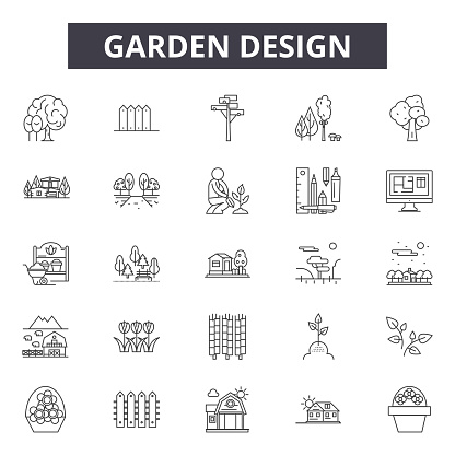 Garden design line icons for web and mobile. Editable stroke signs. Garden design  outline concept illustrations
