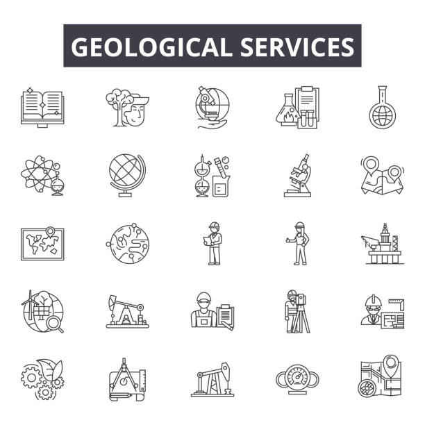 ikony linii usług geologicznych do projektowania stron internetowych i mobilnych. edytowalne znaki obrysu. ilustracje koncepcyjne usług geologicznych - geodezja stock illustrations