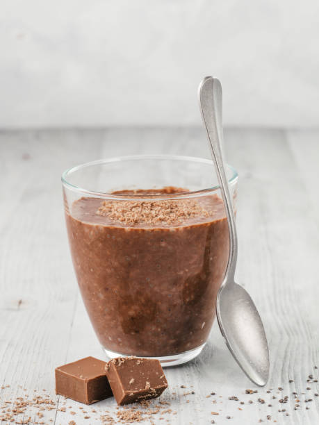 istock Chocolate chia pudding in glass on gray table 1136950486
