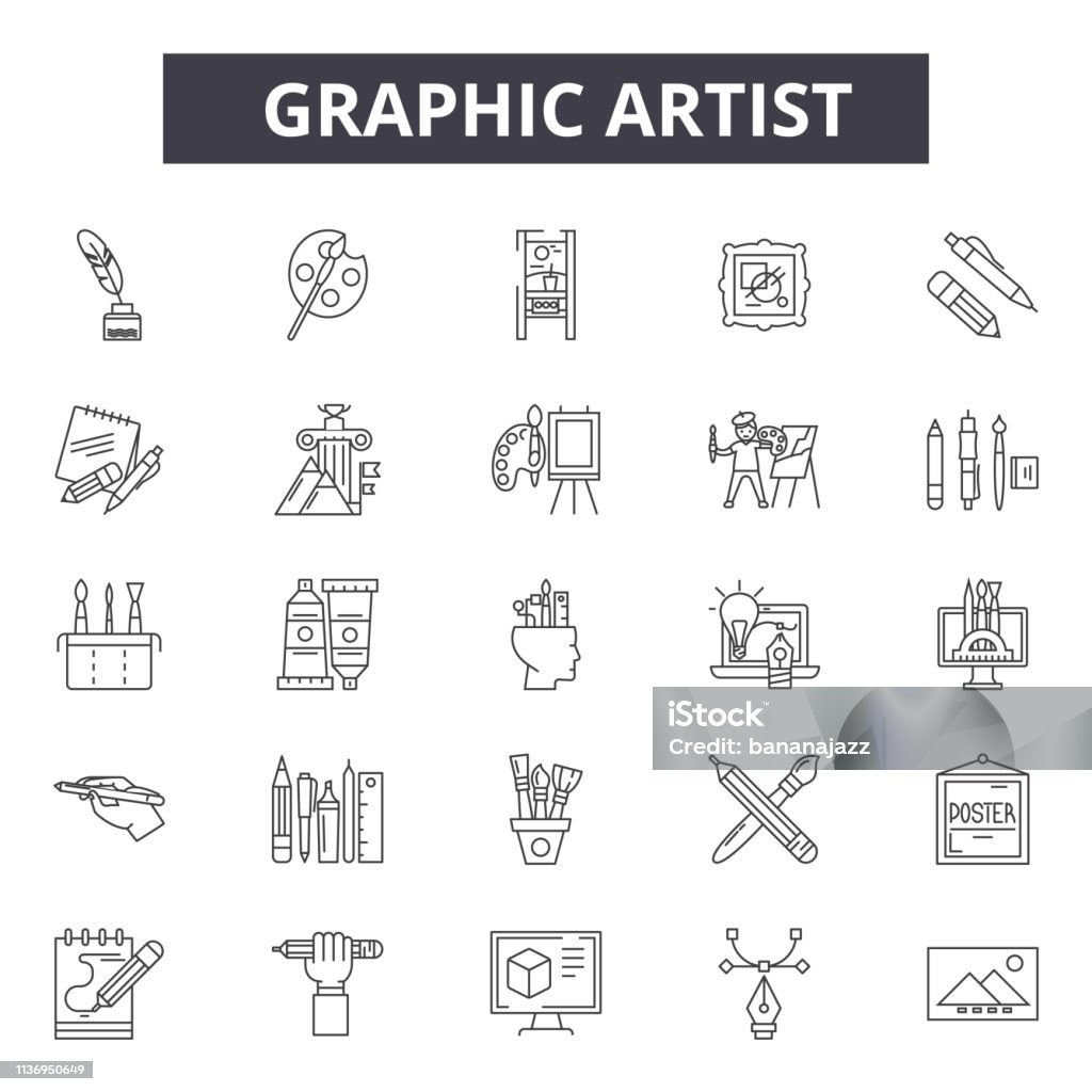 Graphic artist line icons for web and mobile design. Editable stroke signs. Graphic artist  outline concept illustrations Graphic artist line icons for web and mobile. Editable stroke signs. Graphic artist  outline concept illustrations Digitized Pen stock vector