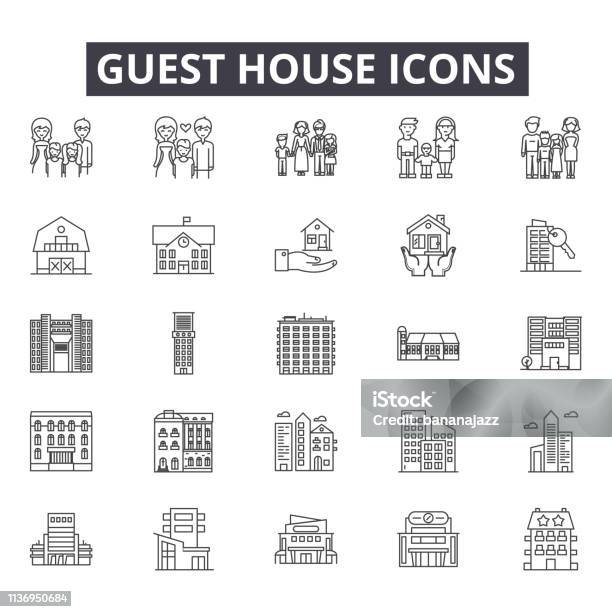 Guest House Line Icons For Web And Mobile Design Editable Stroke Signs Guest House Outline Concept Illustrations Stock Illustration - Download Image Now