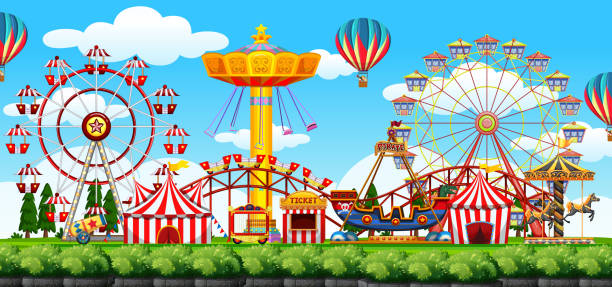 сцена тематического парка - carnival park clip art wheel stock illustrations