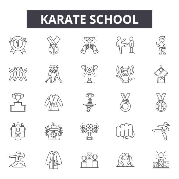 ilustraciones, imágenes clip art, dibujos animados e iconos de stock de iconos de línea escolar de karate para diseño web y móvil. signos de trazo editables. la escuela de karate esbozan ilustraciones conceptuales - karate child judo belt