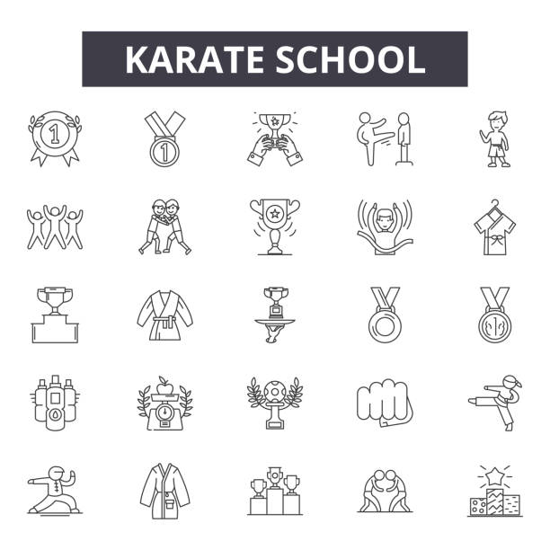 ilustrações, clipart, desenhos animados e ícones de ícones da linha da escola do karaté para o web e projeto móvel. sinais editáveis do curso. ilustrações do conceito do esboço da escola do karaté - karate child judo belt