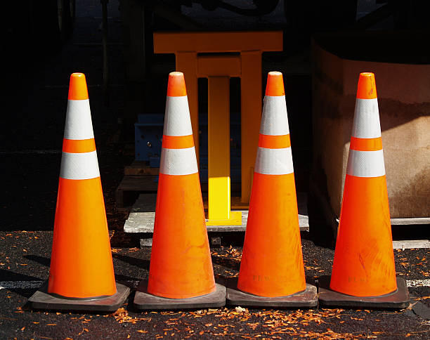 Four Warning Cones stock photo