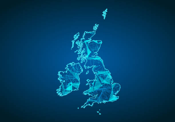 istock Abstract mash line and point scales on dark background with map of united Kingdom. Abstract network vector concept of UK. Internet and connection map background. Triangle, dot ,line Vector. 1136960066