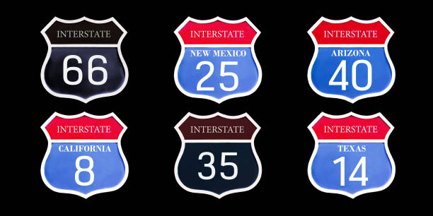 set of american road signs interstate us state close up isolated on black background. vintage style. 3d illustration - route 66 road sign california imagens e fotografias de stock
