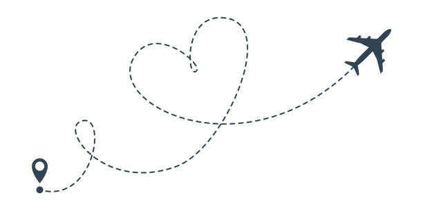 istock Heart airplane route icon. Vector airplane heart flight dash line with location pin 1136961242