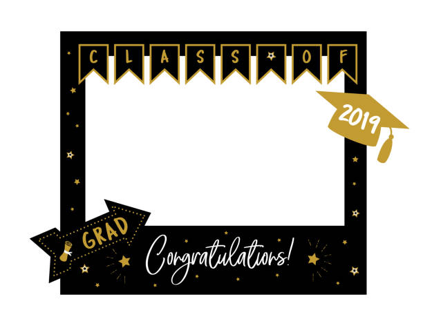 Photo booth props frame for graduation party Graduation party photo booth props. Frame with cap for grads. Concept for selfie. Photobooth vector element. Congradulation grad quote. Gold and black decoration for celebration learning borders stock illustrations
