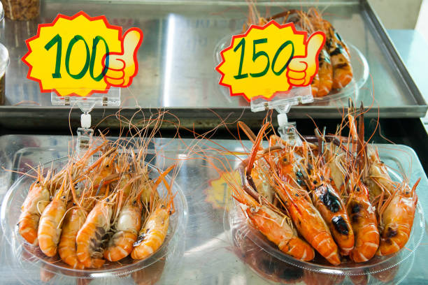 Pattaya, Thailand - December 02, 2018: Fried shrimp are on the counter