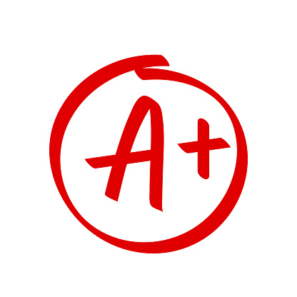 Grade A Plus result vector icon. School red mark handwriting A plus in circle