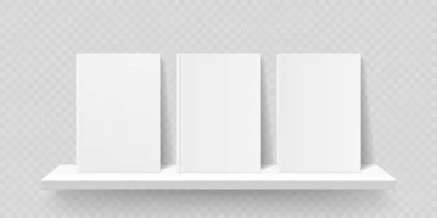 Vector illustration of Book shelf mockup. Vector bookshelf wall with blank book front covers, brochure gallery shop shelves template
