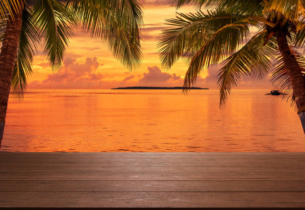 istock Empty wooden platform beside tropical sea with sunset 1136966728