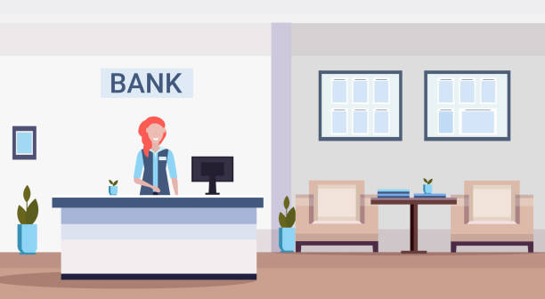 female specialist at reception counter financial consulting center with waiting room and reception modern bank office interior horizontal flat female specialist at reception counter financial consulting center with waiting room and reception modern bank office interior horizontal flat vector illustration exchange teller stock illustrations
