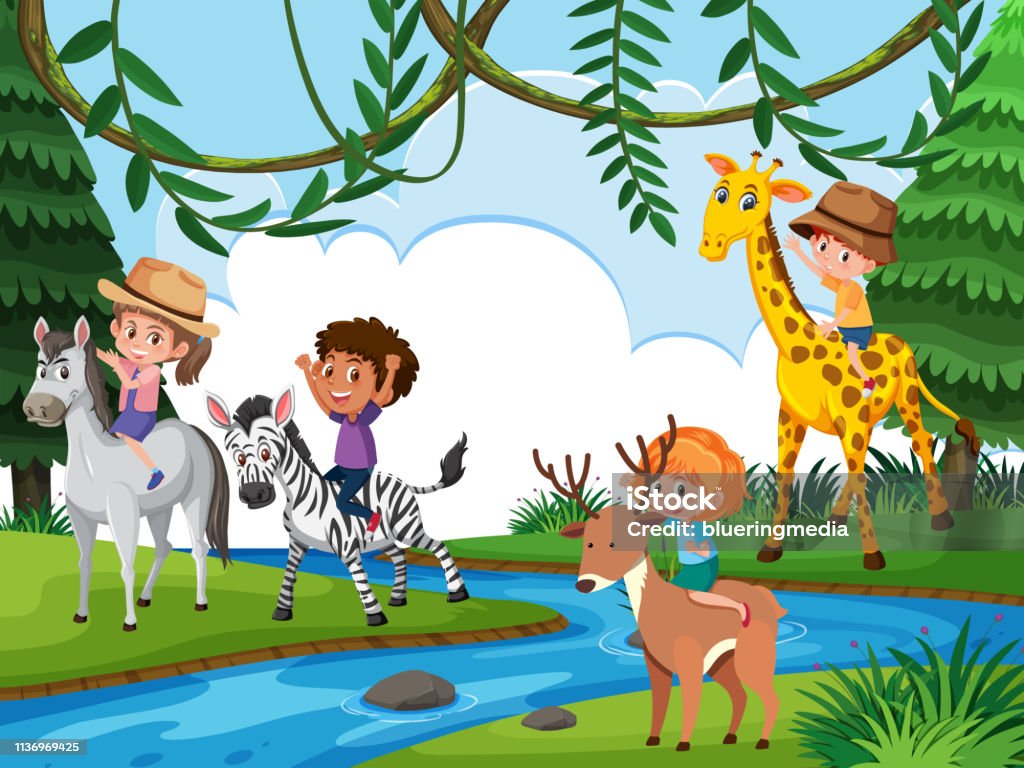 Children riding animal in nature Children riding animal in nature illustration Girls stock vector