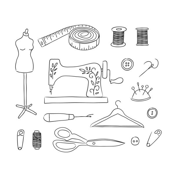 ilustrações de stock, clip art, desenhos animados e ícones de sewing kit hand drawn icons - thread tailor art sewing