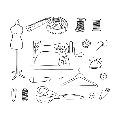 Sewing kit hand drawn icons
