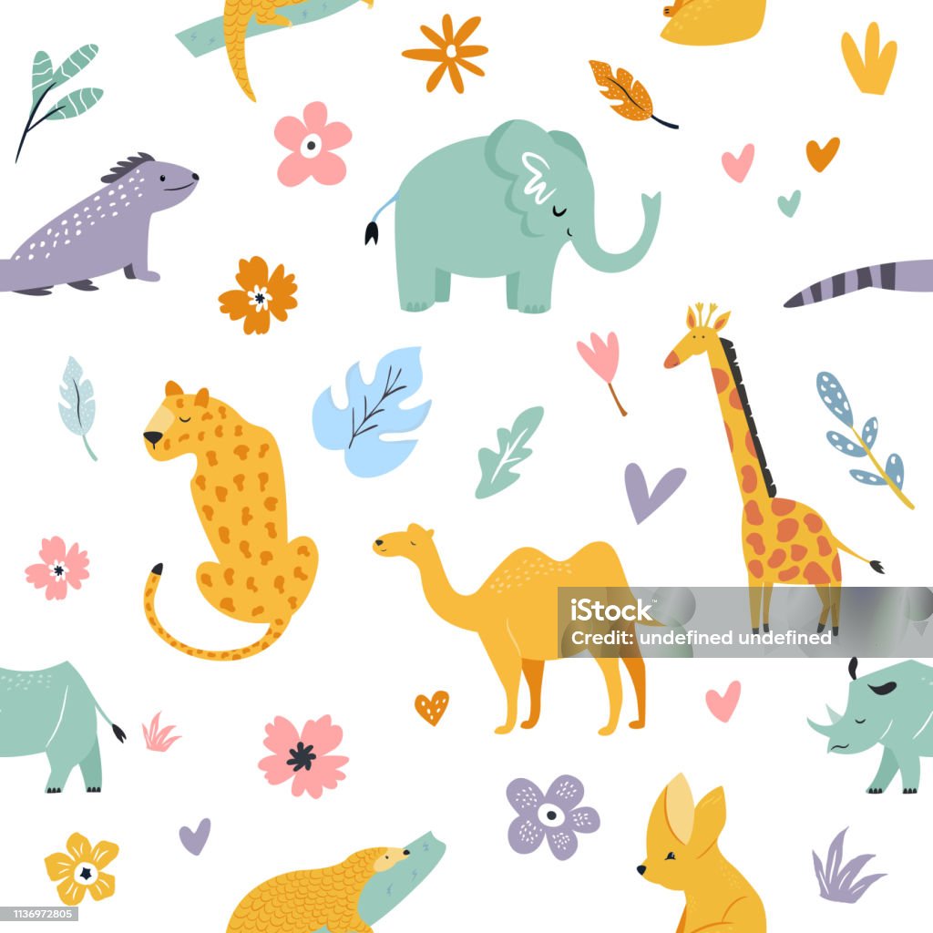 Seamless pattern with african animals and floral prints. Giraffe, camel, leopard, fennec fox, pangolin, elephant, rhino Africa stock vector