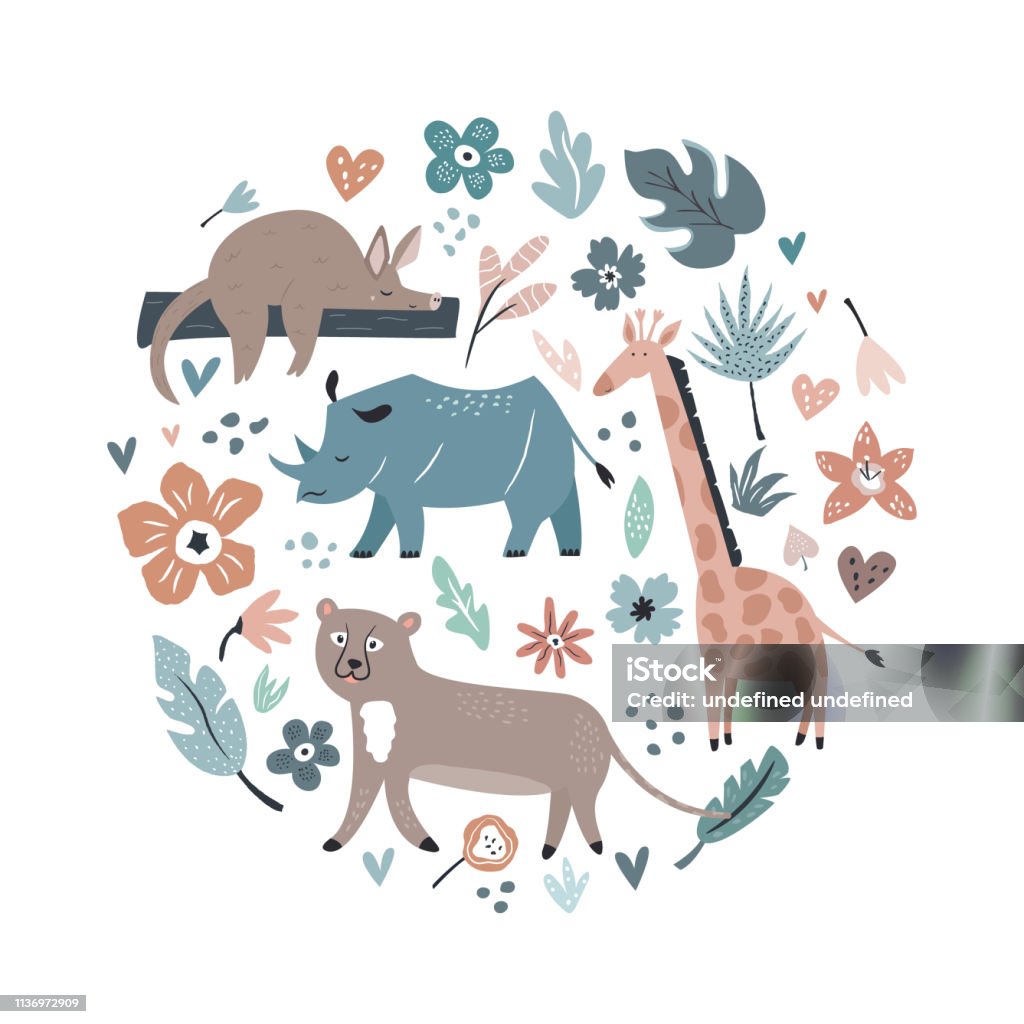 Abstract collage, design with animals and decorative elements, flowers. Travel greeting card, print for t-shirts Map stock vector