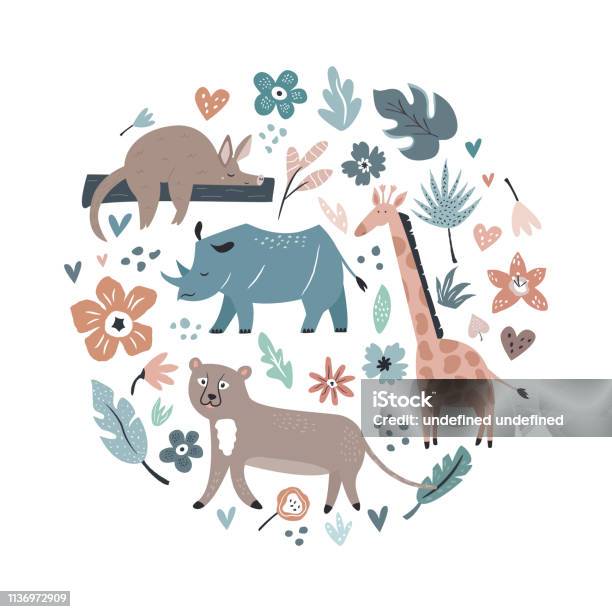 Abstract Collage Design With Animals And Decorative Elements Flowers Travel Greeting Card Print For Tshirts Stock Illustration - Download Image Now