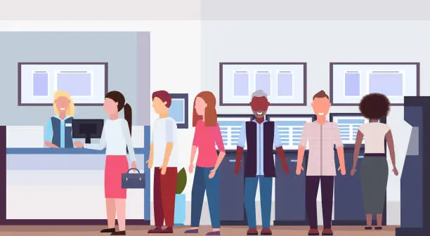 Vector illustration of mix race people waiting line queue to specialist at cash desk financial consulting center with reception and atm modern bank office interior horizontal flat