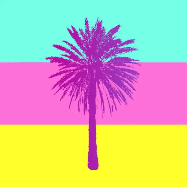Vector illustration of Hand drawn Palm Tree isolated on pastel colors background. Tropical design element for t-shirt prints. Exotic colorful Palm art for shirting textile, fashion, banners, web, add.