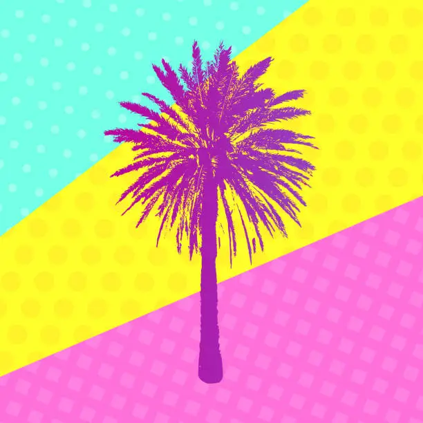 Vector illustration of Hand drawn Palm Tree on trendy frasme. Tropical design element for t-shirt prints. Exotic color Palm art for shirting textile, fashion, banners, web, add.