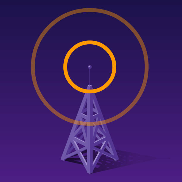 오렌지 주파수를 보내는 라디오 타워 - communications tower isometric wireless technology mobile phone base station stock illustrations