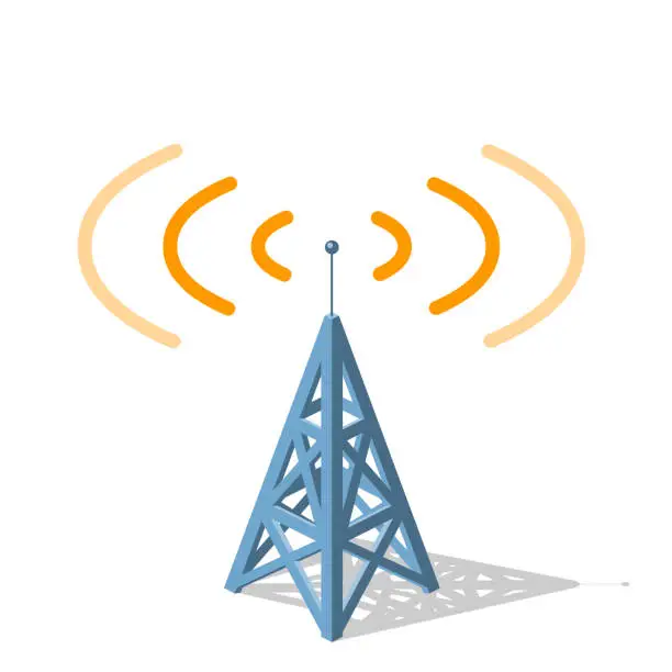 Vector illustration of radio tower sending orange frequencies