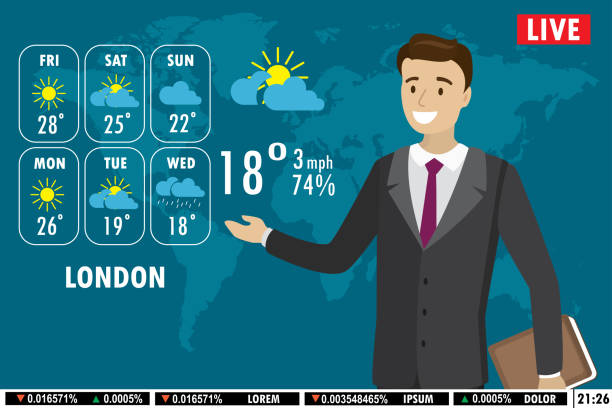 European male news anchor tells weather forecast on tv vector art illustration