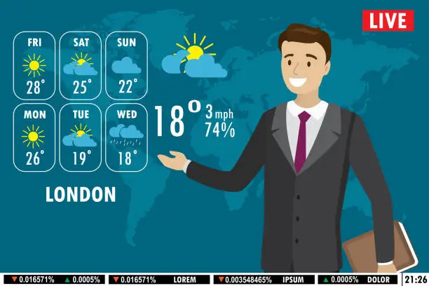 Vector illustration of European male news anchor tells weather forecast on tv