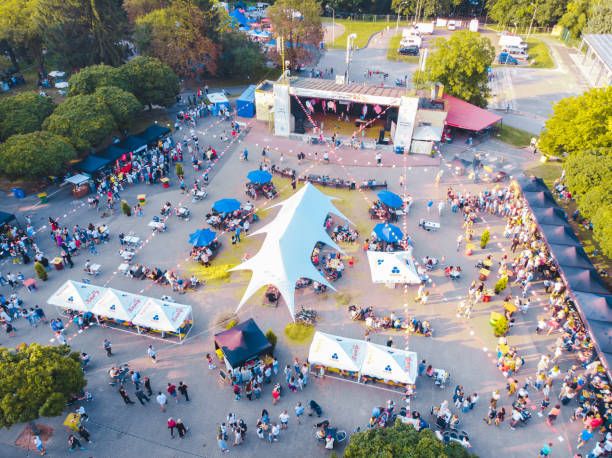 concert in city park. summer time concert in city park. summer time. aerial view tent photos stock pictures, royalty-free photos & images