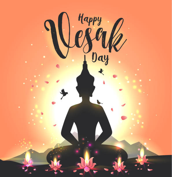 vector illustration grußkarte für vesak-tag mit lotusblume und buddhas silhouette. - buddha image stock-grafiken, -clipart, -cartoons und -symbole