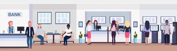 Vector illustration of banking visitors and workers financial consulting center with waiting room reception and atm modern bank office interior horizontal banner flat