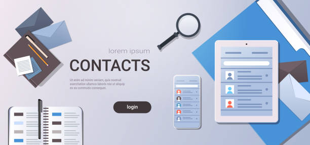 smartphone tablet screen and organizer with contact list business contacts concept top angle view workplace desktop with office stuff copy space horizontal smartphone tablet screen and organizer with contact list business contacts concept top angle view workplace desktop with office stuff copy space horizontal vector illustration contact list stock illustrations