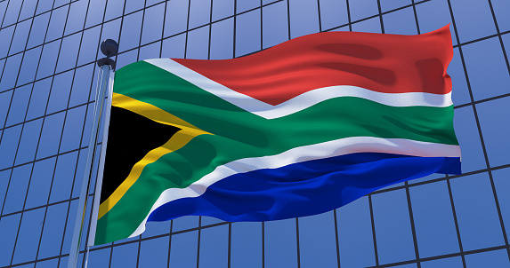 South African flag on skyscraper building background. Pretoria, Capetown. 3d illustration