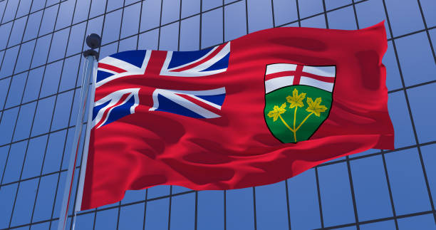 Ontario flag, Canada, on skyscraper building background. 3d illustration