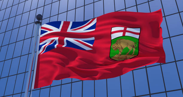 istock Manitoba flag, Canada, on skyscraper building background. 3d illustration 1136984509