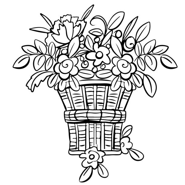 ilustrações de stock, clip art, desenhos animados e ícones de bouquet flowers in wicker basket - old cane isolated on white white background