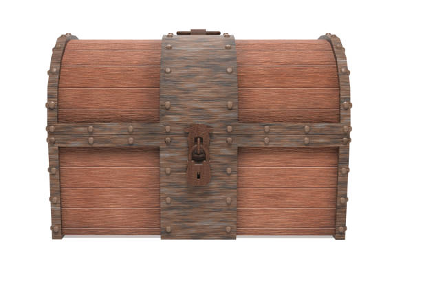 istock Old vintage wooden trunk with rusted metal elements. 3d rendering illustration isolated 1136985753