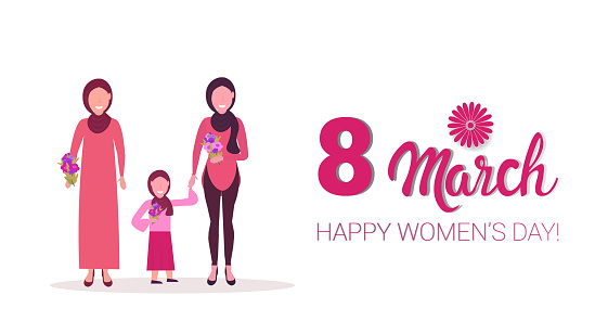 three generations arab women in hijab holding flowers international 8 march day celebrating concept muslim female characters full length horizontal greeting card vector illustration