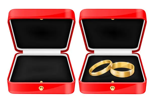 Vector illustration of Wedding rings in a red jewelry box