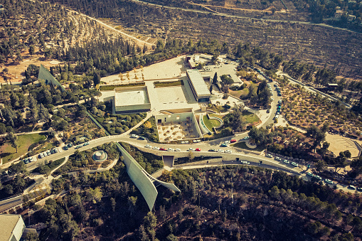 Toned photo of Yad Vashem memorial complex shot from above. Outdoor view at center of remembrance of Holocaust in Jerusalem. JERUSALEM, ISRAEL. 24 October 2018.