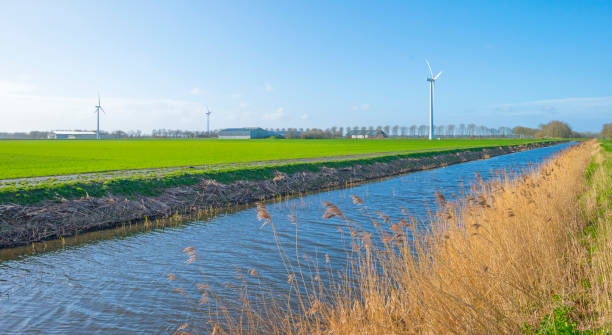 istock Canal in a field below a blue sky in winter seen from a dike 1136992384