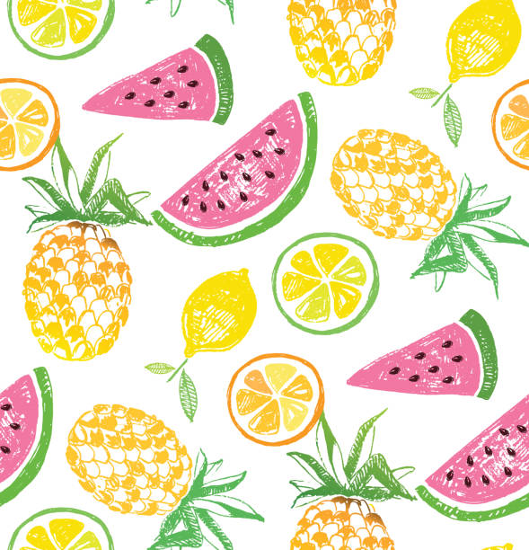 Hand drawn doodle tropical fruit pattern background Tropical fruit pattern green apple slices stock illustrations