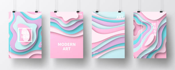 Set of posters with paper cut design, isolated on white background Four realistic posters in vertical position with an modern and trendy background (Abstract design with wave shapes in a paper cut style - Pastel colors, pink, purple, green, blue, turquoise), isolated on white wall. Template for your design. With space for your text and your background. The layers are named to facilitate your customization. Vector Illustration (EPS10, well layered and grouped). Easy to edit, manipulate, resize or colorize. colorful page borders stock illustrations