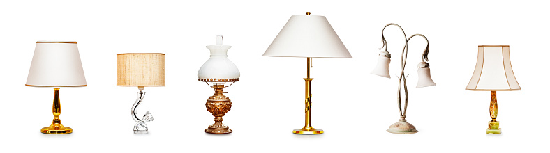 Vintage table lamps, antique oil lamp collection isolated on white background. Interior design elements banner