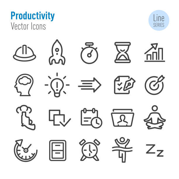 Productivity Icons Set - Vector Line Series Productivity, efficiency, starting gun stock illustrations