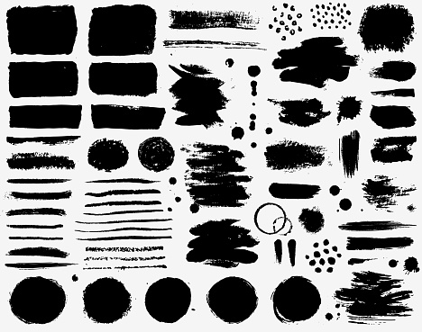 Paint brush strokes and black ink stains isolated on white background. Set of grunge vector design element for paintbrush texture, frame, background, banner or text boxes. Freehand drawing collection.
