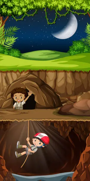 Vector illustration of Boy scout exploring the cave